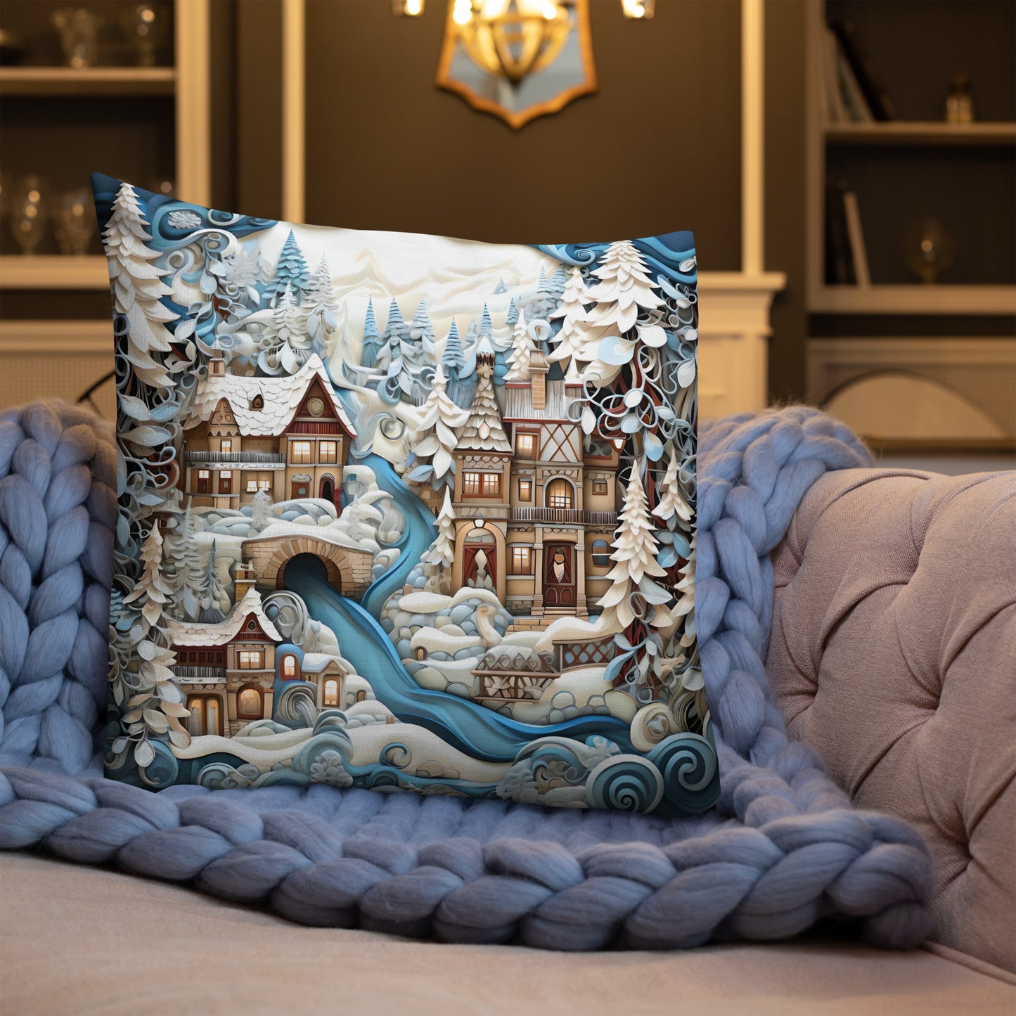 Winter Village Scene Premium Pillow