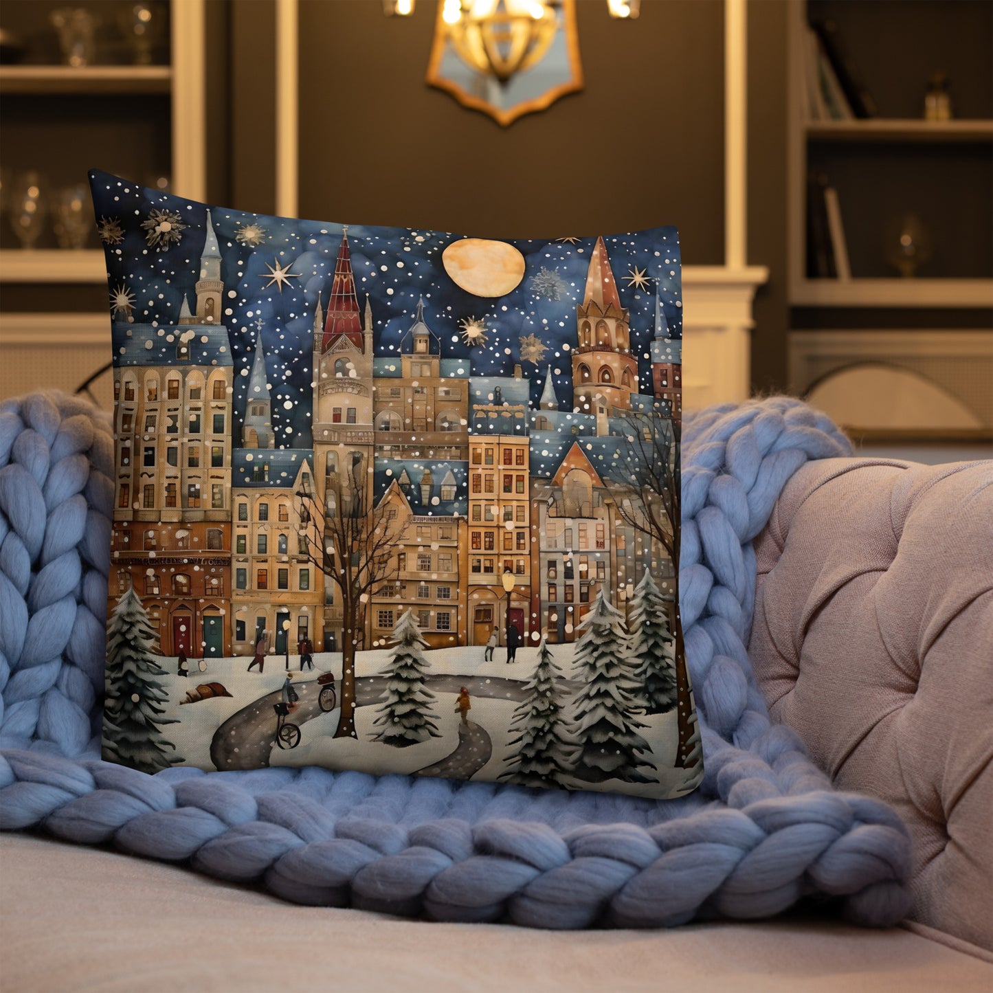 Snowy Night in the City Premium Pillow