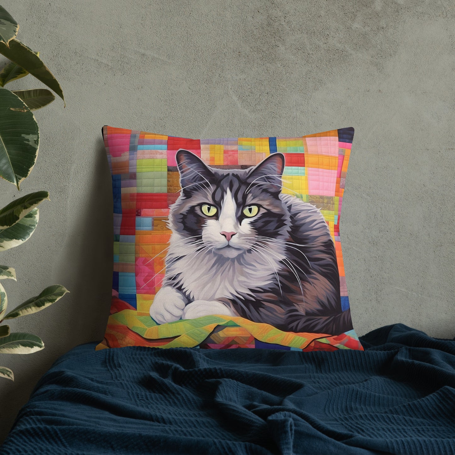 Bessie - Grey & White Cat on a Quilt Pillow