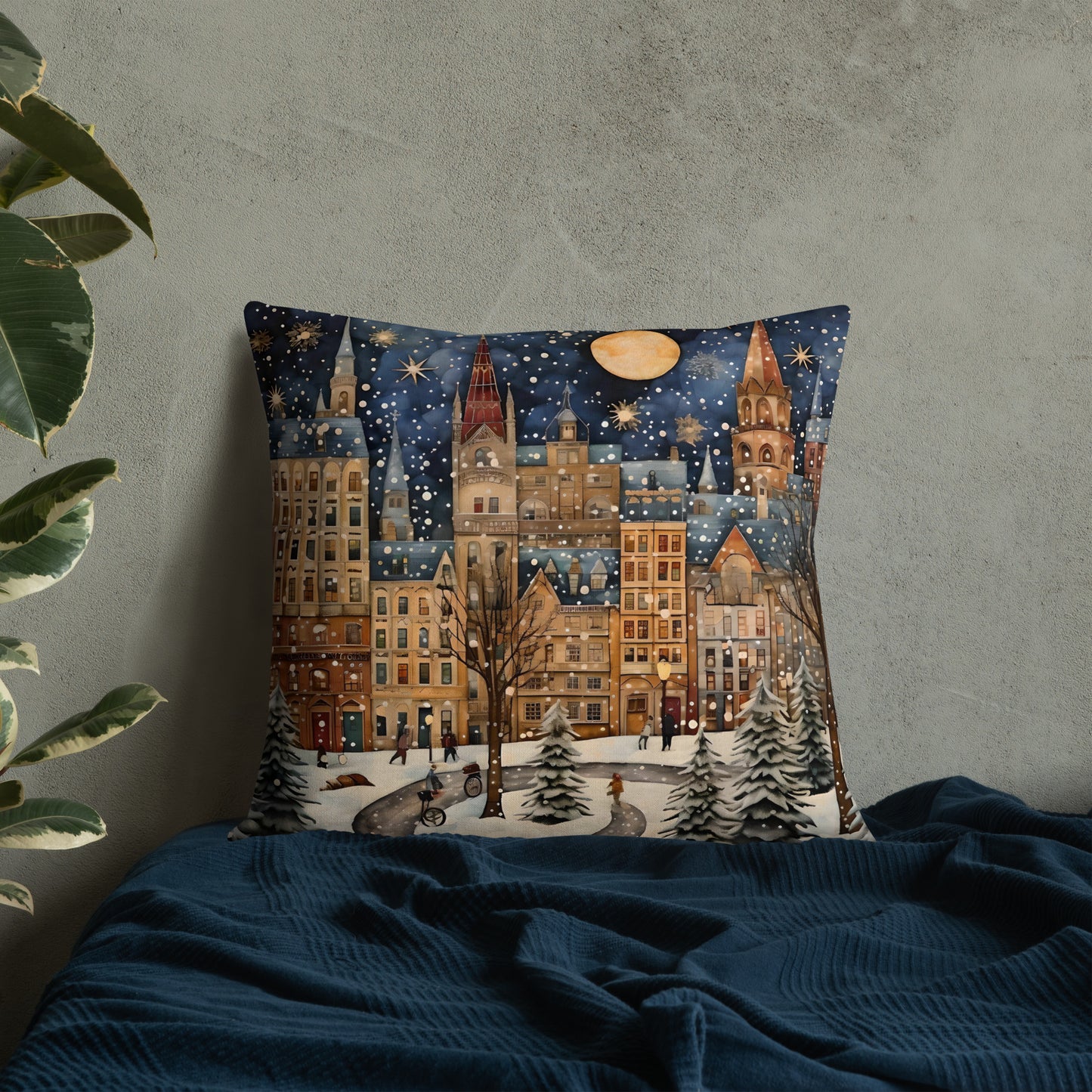 Snowy Night in the City Premium Pillow