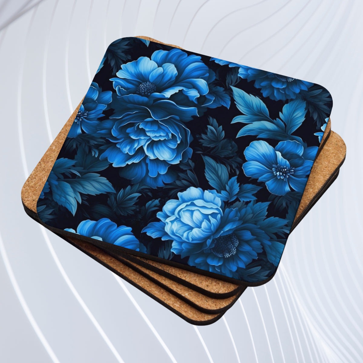 Luminous Blue Floral Cork-Back Coaster