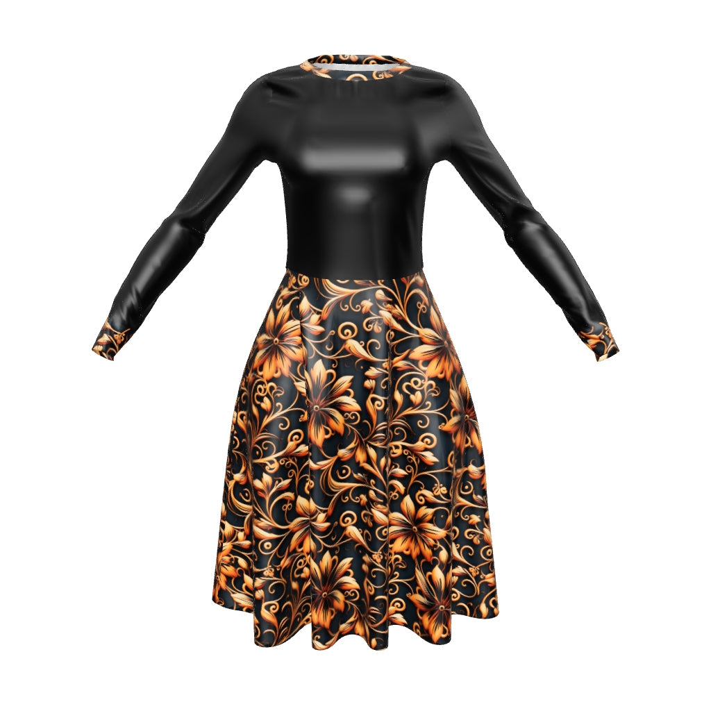 Black and Orange All-Over Print Long Sleeve Midi Dress with Pockets