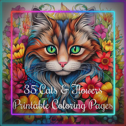 Cats & Flowers Coloring Book Pages Digital Download