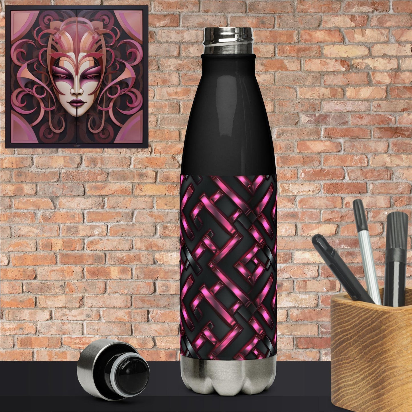 Metallic Pink and Black Stainless Steel Water Bottle