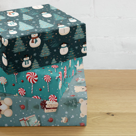 Christmas Wrapping Paper Sheets, Snowmen, Peppermint Candies and Teddy Bears 3 Piece Set