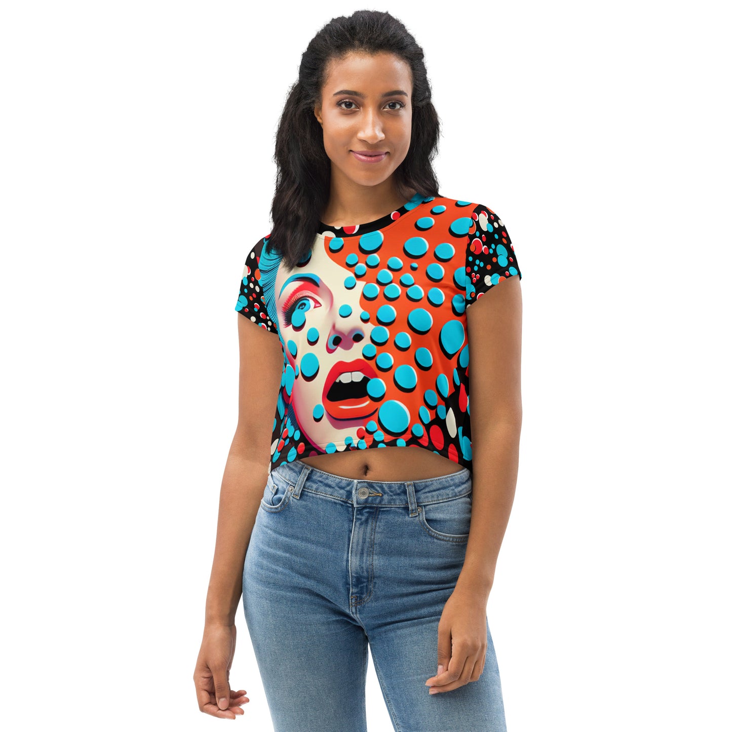 Pop Art Dots Faces Series All-Over Print Crop Tee V-1