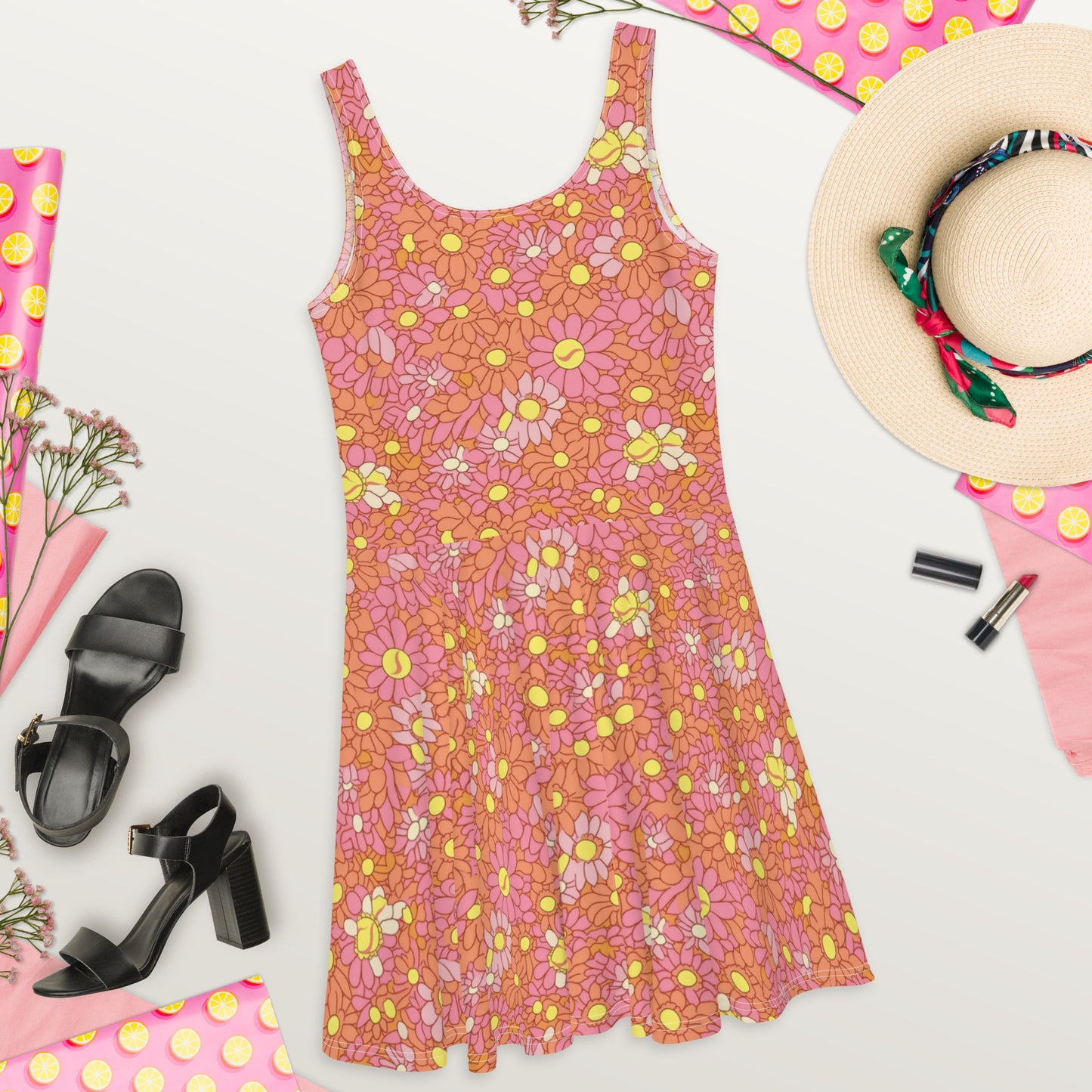 Retro Pink and Orange Daisy Print Skater Dress