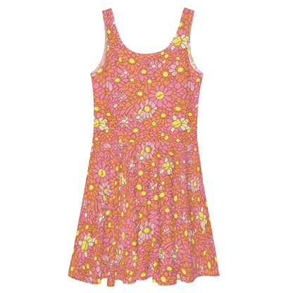 Retro Pink and Orange Daisy Print Skater Dress