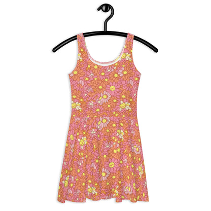 Retro Pink and Orange Daisy Print Skater Dress