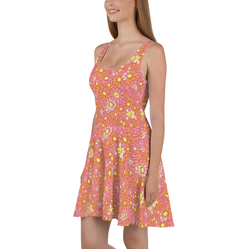 Retro Pink and Orange Daisy Print Skater Dress